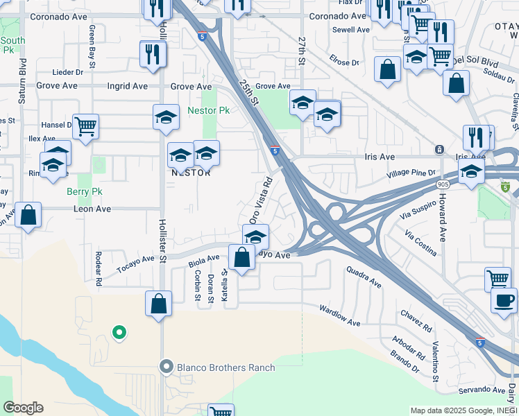 map of restaurants, bars, coffee shops, grocery stores, and more near 1673 Oro Vista Road in San Diego