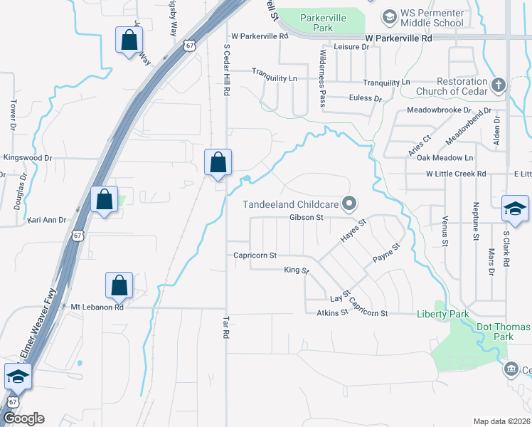 map of restaurants, bars, coffee shops, grocery stores, and more near 713 Gibson Street in Cedar Hill
