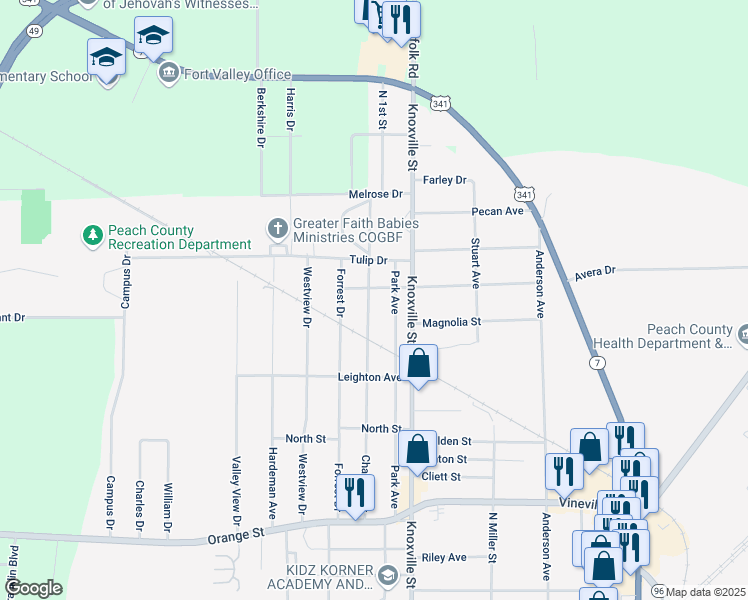 map of restaurants, bars, coffee shops, grocery stores, and more near 618 Chamlee Drive in Fort Valley