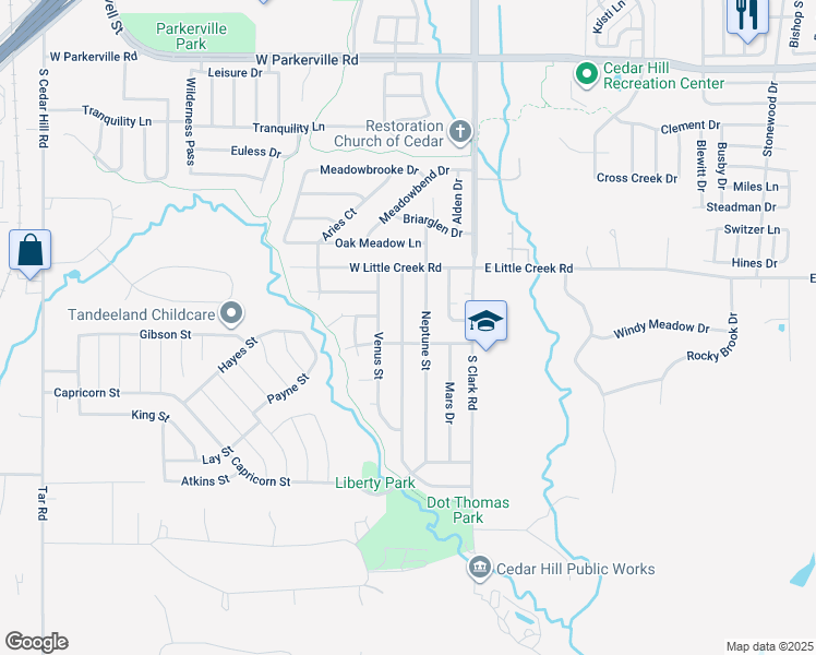 map of restaurants, bars, coffee shops, grocery stores, and more near 1121 Saturn Drive in Cedar Hill