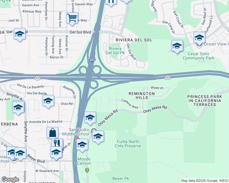 map of restaurants, bars, coffee shops, grocery stores, and more near 1511 Masterson Lane in San Diego