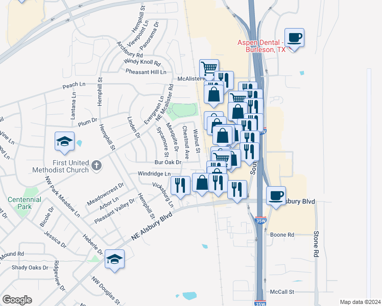 map of restaurants, bars, coffee shops, grocery stores, and more near 812 Chestnut Avenue in Burleson