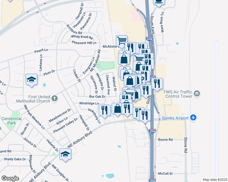 map of restaurants, bars, coffee shops, grocery stores, and more near 827 Walnut Street in Burleson
