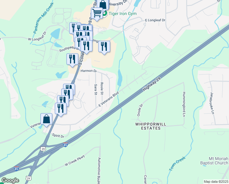 map of restaurants, bars, coffee shops, grocery stores, and more near 249 East Veterans Boulevard in Auburn