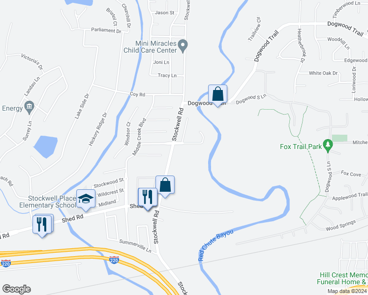 map of restaurants, bars, coffee shops, grocery stores, and more near 6006 Braeburn Court in Bossier City
