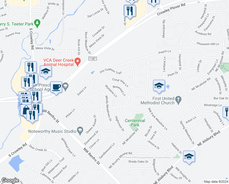 map of restaurants, bars, coffee shops, grocery stores, and more near 1282 Wysteria Lane in Burleson