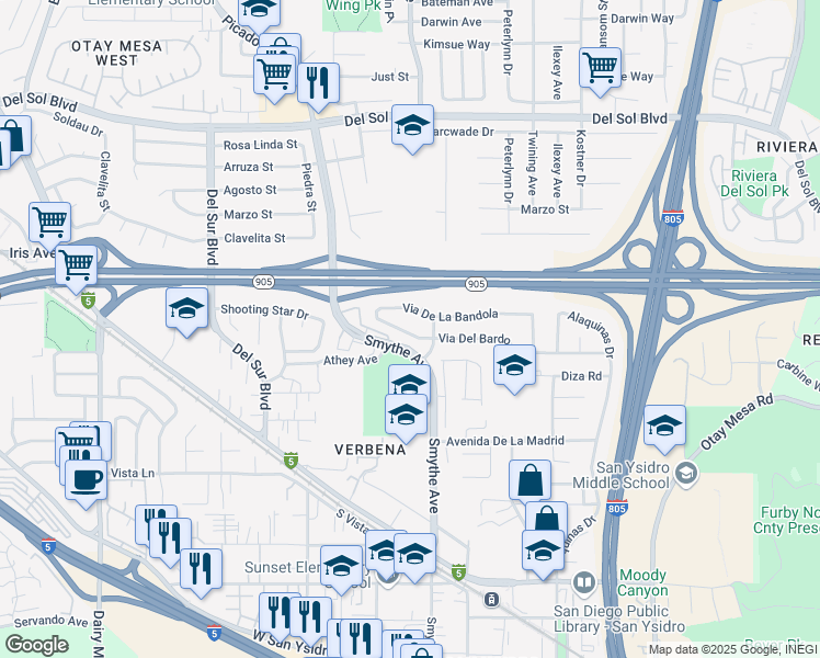 map of restaurants, bars, coffee shops, grocery stores, and more near 3844 Via Del Bardo in San Diego