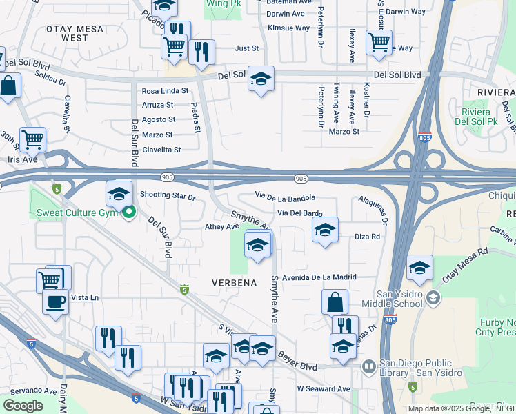 map of restaurants, bars, coffee shops, grocery stores, and more near 3844 Via Del Bardo in San Diego