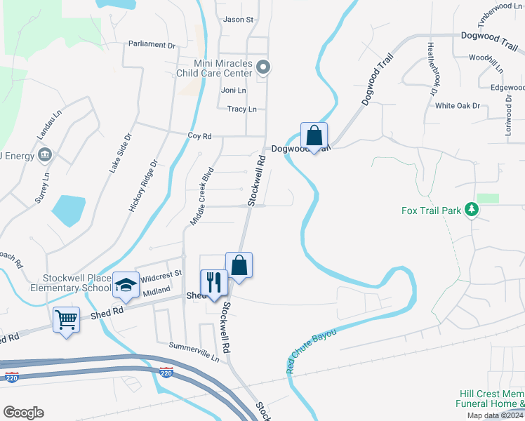 map of restaurants, bars, coffee shops, grocery stores, and more near 6004 Braeburn Court in Bossier City