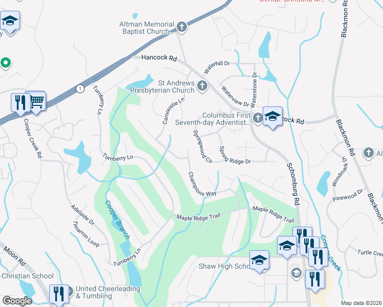 map of restaurants, bars, coffee shops, grocery stores, and more near 4737 Champions Way in Columbus