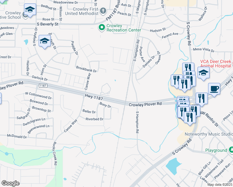 map of restaurants, bars, coffee shops, grocery stores, and more near 301 Farm to Market Road 1187 in Crowley