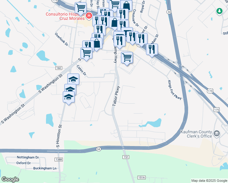 map of restaurants, bars, coffee shops, grocery stores, and more near 4827 County Road 151 in Kaufman