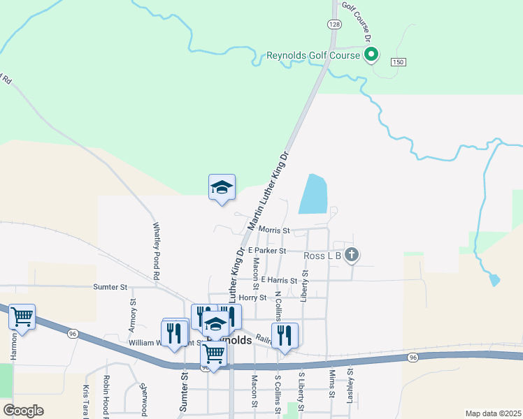 map of restaurants, bars, coffee shops, grocery stores, and more near 104 Martin Luther King Drive in Reynolds