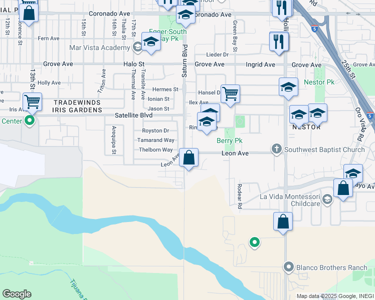 map of restaurants, bars, coffee shops, grocery stores, and more near 1643 Standlake Street in San Diego
