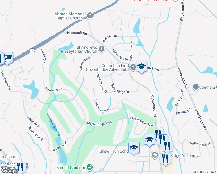 map of restaurants, bars, coffee shops, grocery stores, and more near 4835 Springwood Circle in Columbus