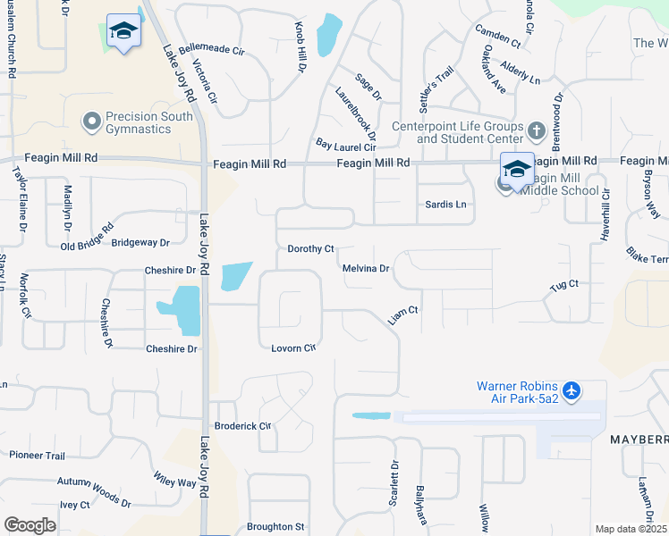 map of restaurants, bars, coffee shops, grocery stores, and more near 105 Melvina Drive in Warner Robins