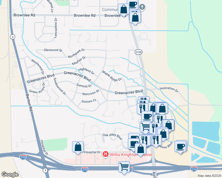 map of restaurants, bars, coffee shops, grocery stores, and more near 347 Greenacres Boulevard in Bossier City