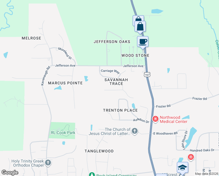 map of restaurants, bars, coffee shops, grocery stores, and more near 300-598 Savannah Trce in Ruston