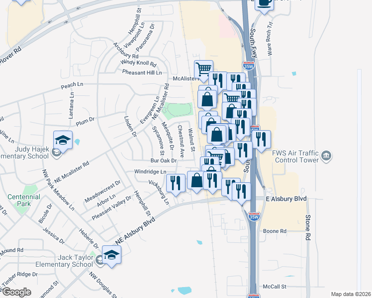 map of restaurants, bars, coffee shops, grocery stores, and more near 812 Chestnut Avenue in Burleson