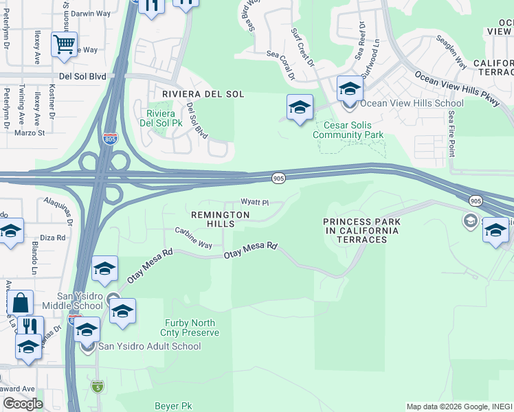 map of restaurants, bars, coffee shops, grocery stores, and more near 5007 Wyatt Place in San Diego