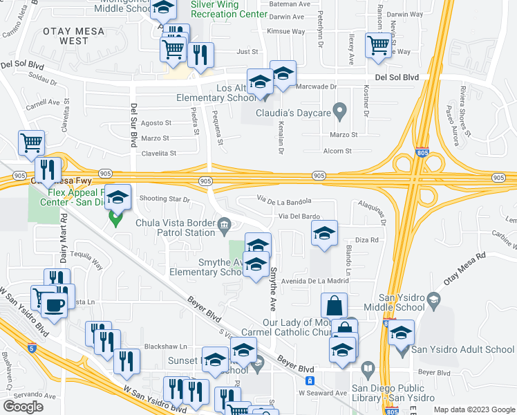 map of restaurants, bars, coffee shops, grocery stores, and more near 3834 Via Del Bardo in San Diego