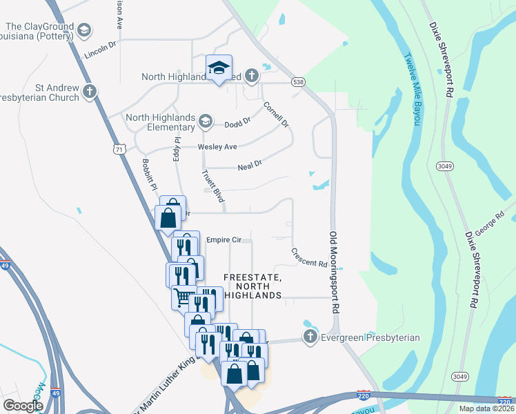 map of restaurants, bars, coffee shops, grocery stores, and more near 730 Booth Drive in Shreveport