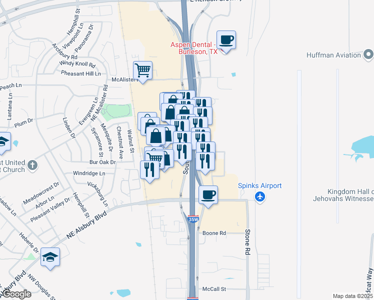 map of restaurants, bars, coffee shops, grocery stores, and more near 1173 North Burleson Boulevard in Burleson