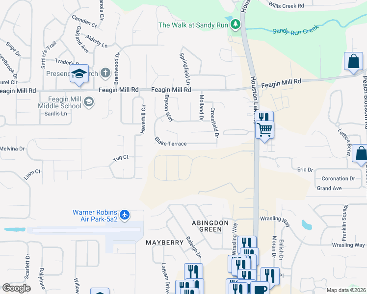 map of restaurants, bars, coffee shops, grocery stores, and more near 121 Blake Terrace in Warner Robins