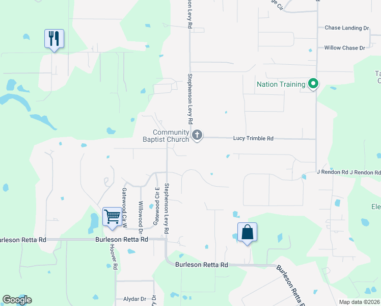map of restaurants, bars, coffee shops, grocery stores, and more near 3524 Lucy Trimble Road in Burleson
