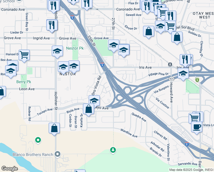map of restaurants, bars, coffee shops, grocery stores, and more near 1601 Oro Vista Road in San Diego