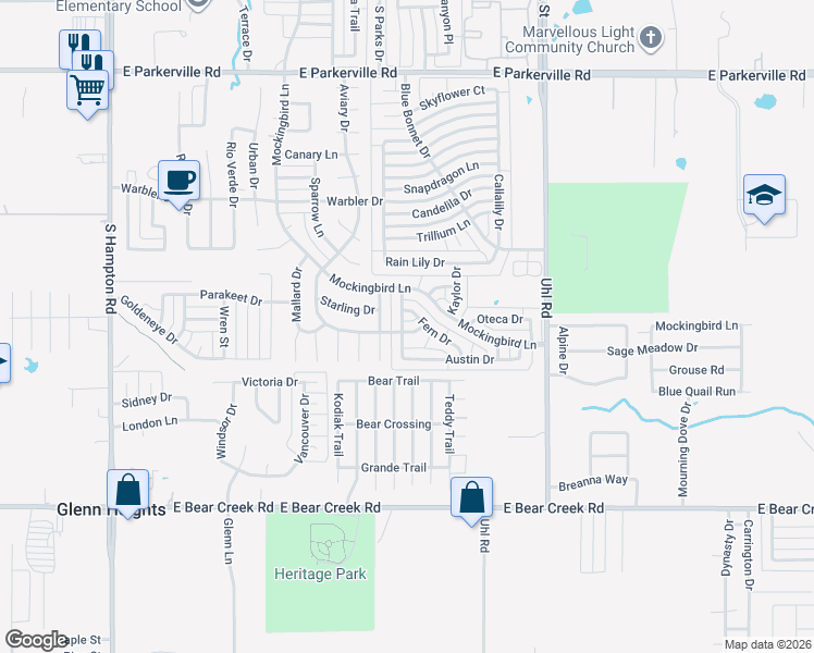 map of restaurants, bars, coffee shops, grocery stores, and more near 610 Aviary Drive in DeSoto