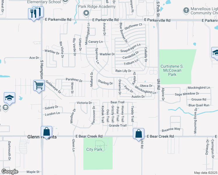 map of restaurants, bars, coffee shops, grocery stores, and more near 1418 Aviary Drive in DeSoto