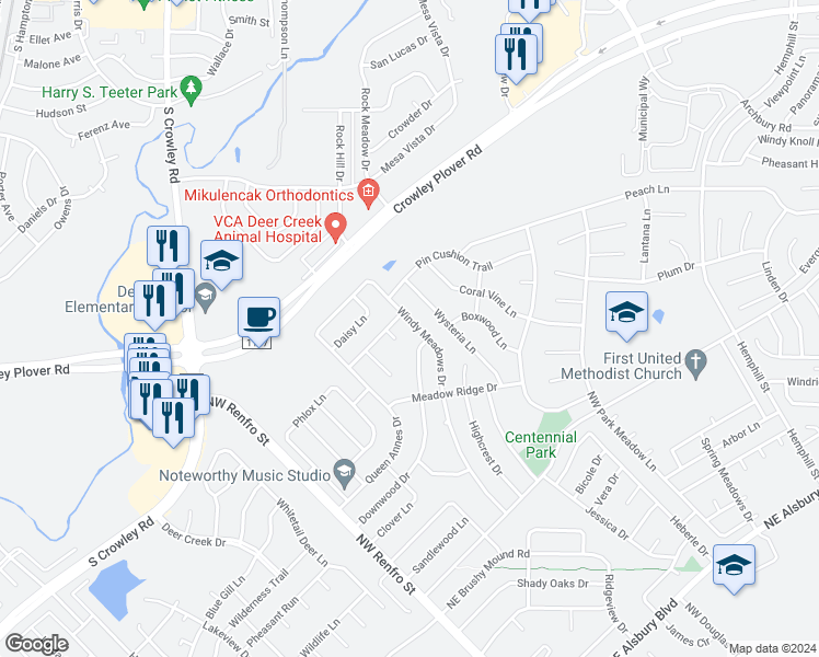 map of restaurants, bars, coffee shops, grocery stores, and more near 1411 Windy Meadows Drive in Burleson