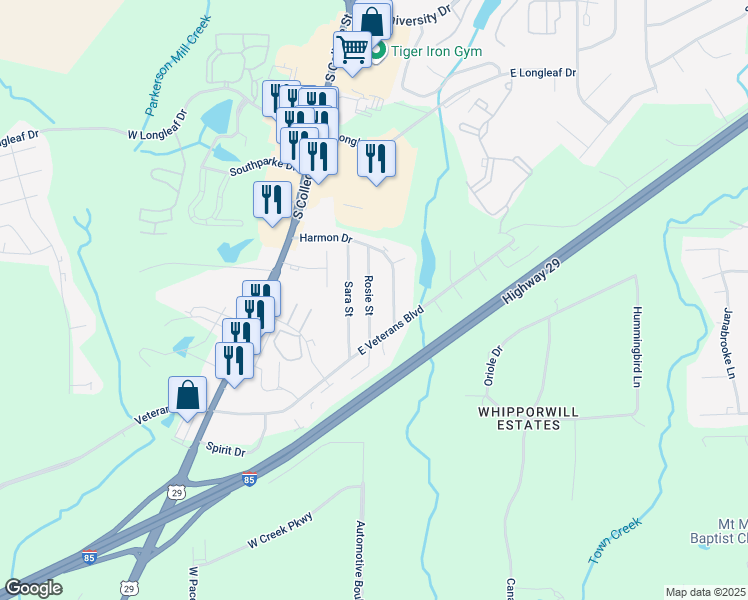 map of restaurants, bars, coffee shops, grocery stores, and more near 1983 Rosie Street in Auburn