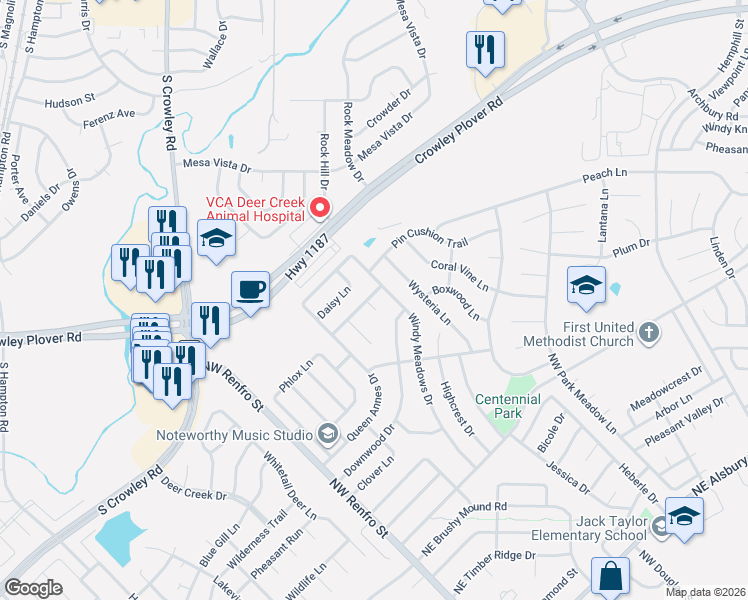 map of restaurants, bars, coffee shops, grocery stores, and more near 1404 Sunflower Court in Burleson