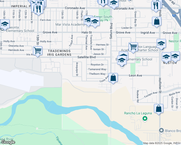 map of restaurants, bars, coffee shops, grocery stores, and more near 1730 Thelborn Way in San Diego