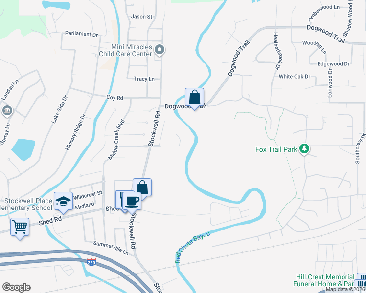 map of restaurants, bars, coffee shops, grocery stores, and more near 6024 Braeburn Court in Bossier City