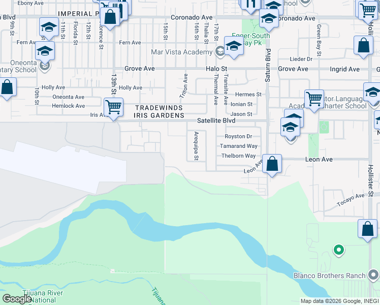 map of restaurants, bars, coffee shops, grocery stores, and more near 1646 Arequipa Street in San Diego