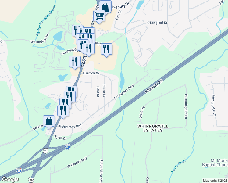 map of restaurants, bars, coffee shops, grocery stores, and more near 249 East Veterans Boulevard in Auburn