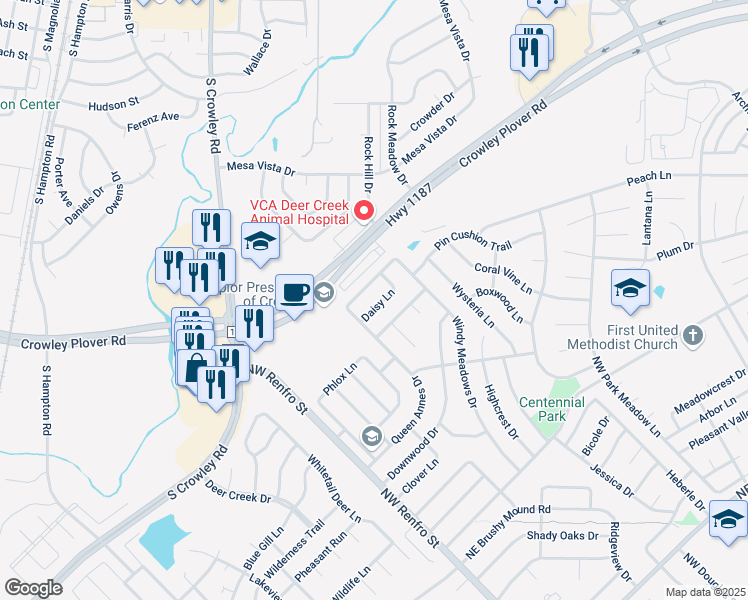map of restaurants, bars, coffee shops, grocery stores, and more near 301 Daisy Lane in Burleson