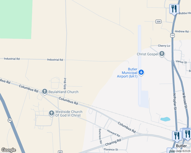 map of restaurants, bars, coffee shops, grocery stores, and more near Industrial Road in Butler