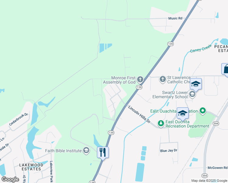 map of restaurants, bars, coffee shops, grocery stores, and more near 1389 Highway 139 in Monroe
