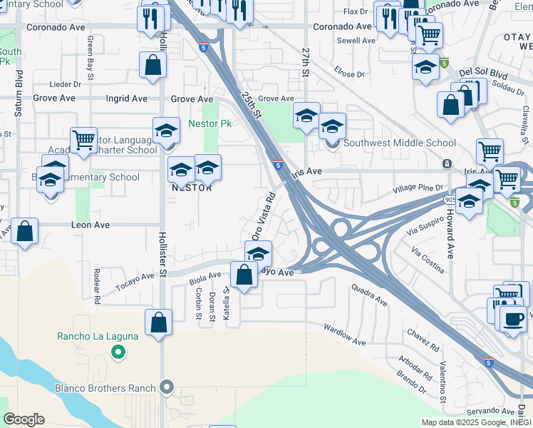 map of restaurants, bars, coffee shops, grocery stores, and more near 1587 Oro Vista Road in San Diego