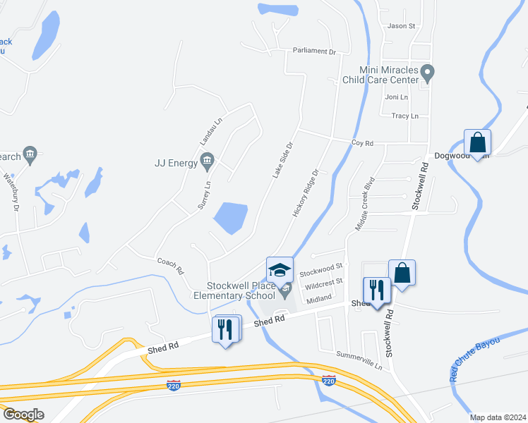 map of restaurants, bars, coffee shops, grocery stores, and more near 5532 Lake Side Drive in Bossier City