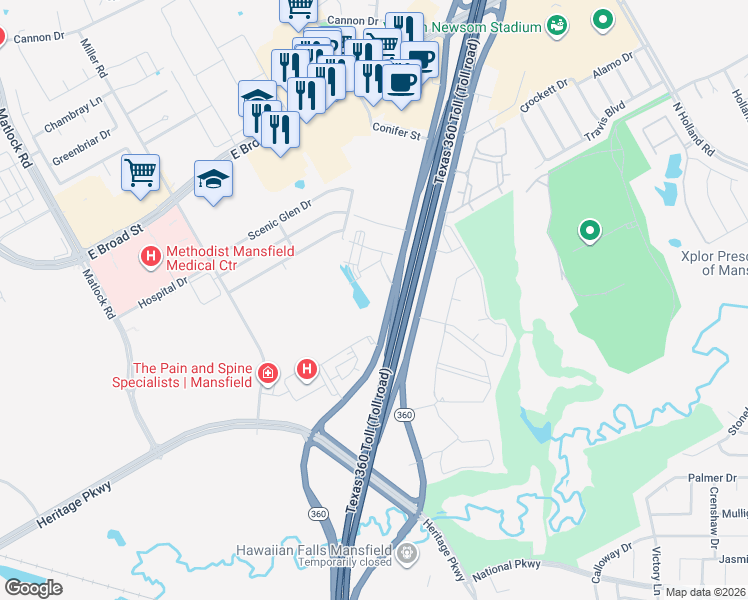 map of restaurants, bars, coffee shops, grocery stores, and more near 200 Miller Road in Mansfield
