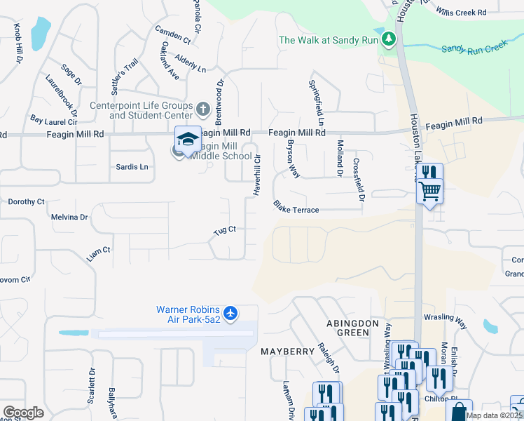 map of restaurants, bars, coffee shops, grocery stores, and more near 108 Barley Place in Warner Robins