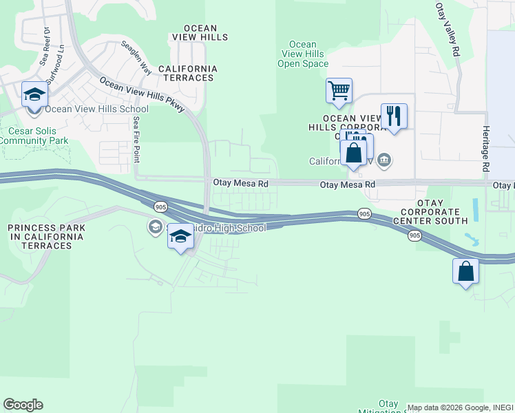 map of restaurants, bars, coffee shops, grocery stores, and more near Caliente Avenue in San Diego