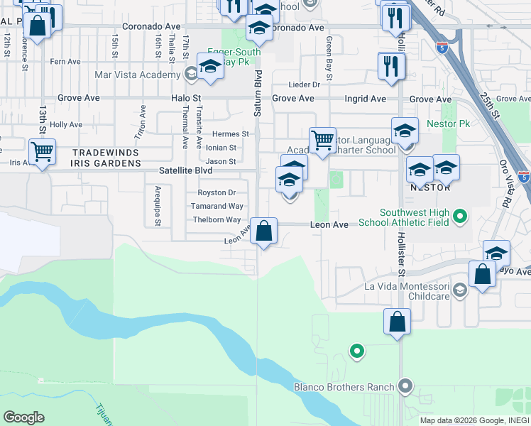 map of restaurants, bars, coffee shops, grocery stores, and more near 1643 Standlake Street in San Diego