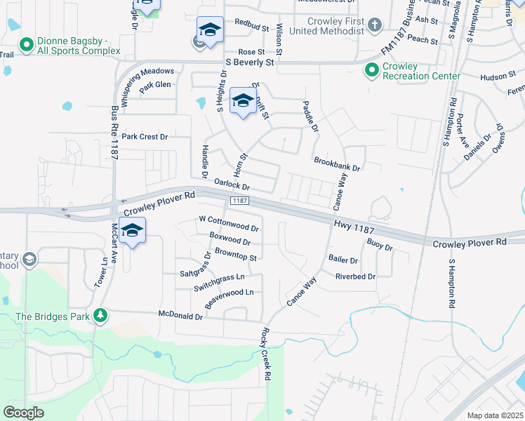 map of restaurants, bars, coffee shops, grocery stores, and more near 1104 Maplewood Lane in Crowley