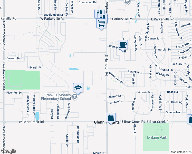 map of restaurants, bars, coffee shops, grocery stores, and more near 205 Marsha Lane in DeSoto